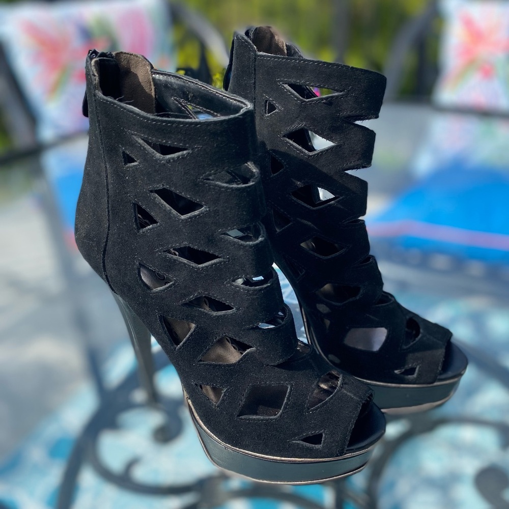 Bebe Size 7 Black Leather Cutout High Heel Booties